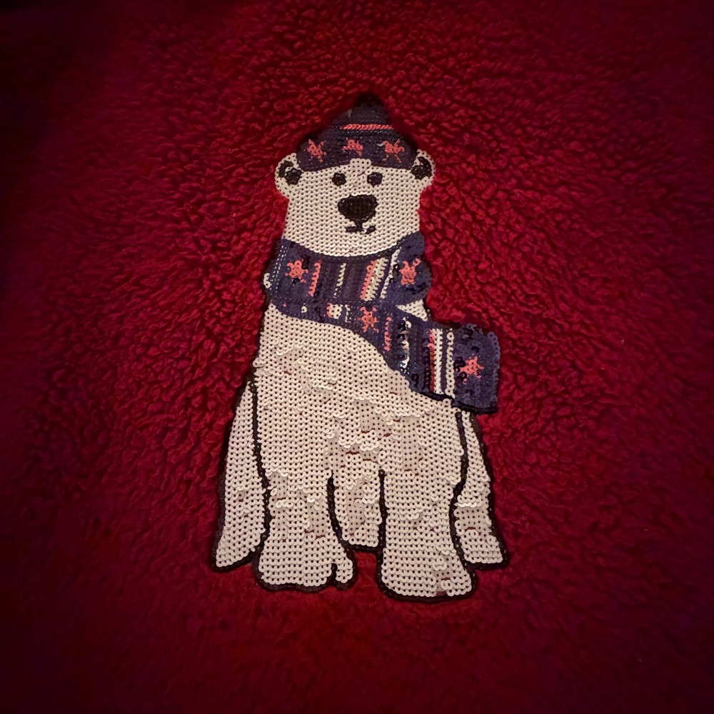 Womens XL Red Sherpa Fleece Sequin Polar Bear Holiday Sweater XL 16-18 - Picture 3 of 6